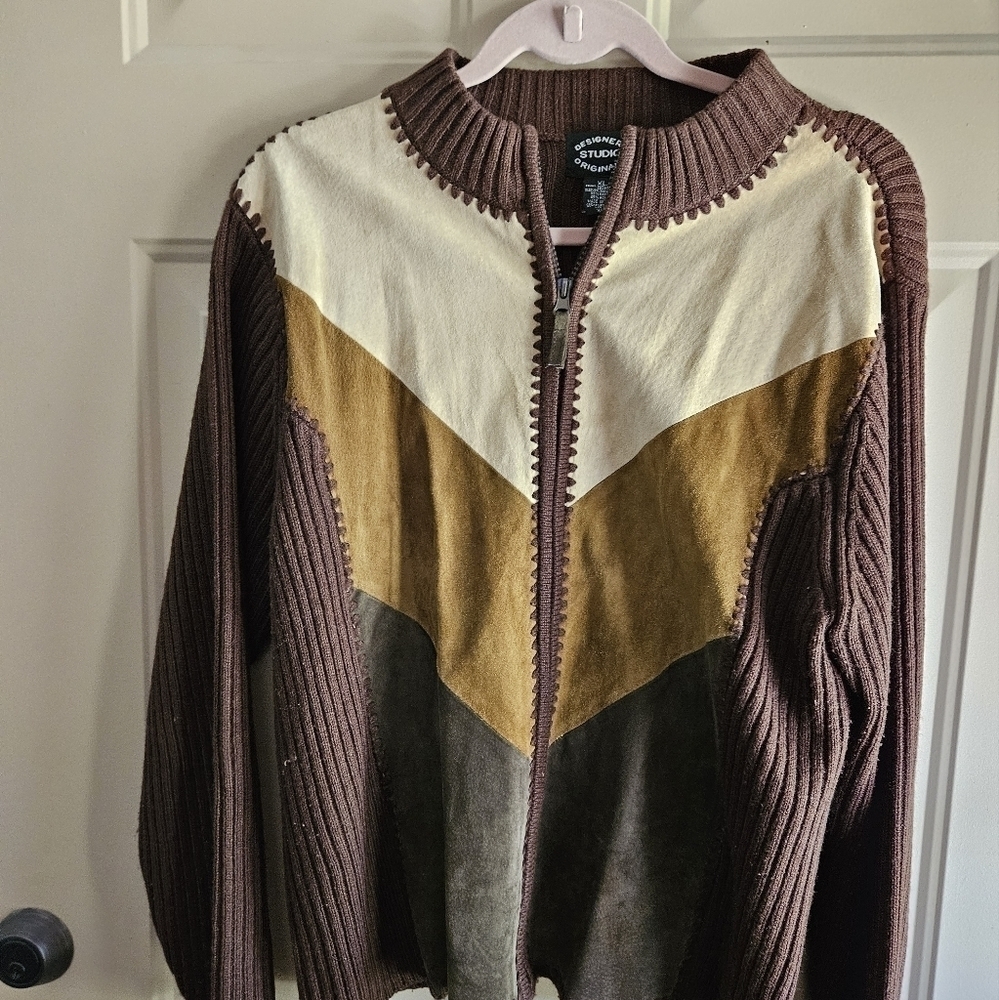 Vintage women's long sleeve zip-up sweater with leather block front.